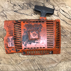 husqvarna 266 chainsaw starter recoil cover and pulley assembly #8