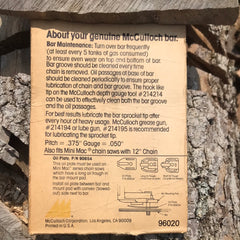 12" Mcculloch Chainsaw Bar w/ 1/4" pitch chain for Electromac 100 and 200 series new 214234 RBFD