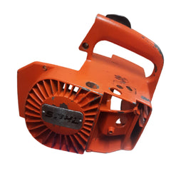 stihl 015 chainsaw starter recoil cover and pulley assembly (orange, with cast rear handle built in)