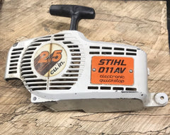 stihl 011av chainsaw starter recoil cover and pulley assembly (white, metal)