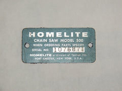Homelite 500 Chainsaw ID Tag Plate